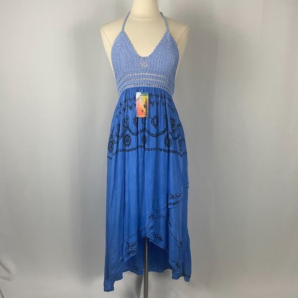 Boho Midi Dress Size Small Blue Embroidered Crochet Hi Low Beach Gypsy Festival - Picture 2 of 16
